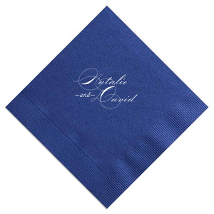 The Sophisticated Script Couple Napkin design showcases the couple's full names in an elegant script, each starting with dramatically flourished initials that artistically intertwine. This design embodies elegance and excitement, creating a visually striking statement of flair and sophistication for any celebratory event.