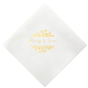 ForYourParty's elegant Cream Linen Like Cocktail Napkin with Shiny 18 Kt Gold Foil has a Floral Frame 1 graphic and is good for use in Floral themed parties and will look fabulous with your unique touch. Your guests will agree!