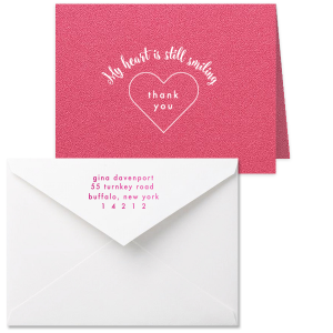 Custom Poptone Fuschia Classic Note Card with Envelope with Matte White Foil and Shiny Fuchsia Foil has a Thank You Heart graphic and is good for use heart themed parties and will look fabulous with your unique touch. Your guests will agree!