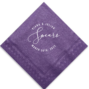 Showcase unity with the Fancy Script Name Frame Wedding Napkin, where the couple's new surname flourishes in script, encircled by their first names and event date. A symbol of togetherness, it's ideal for adding elegance to your wedding reception.
