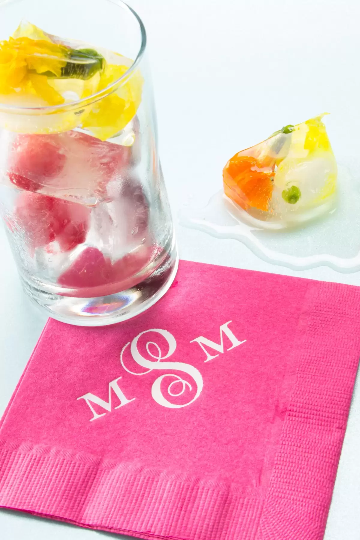 Fruit in ice for cocktails with Personalized Cocktail Napkin