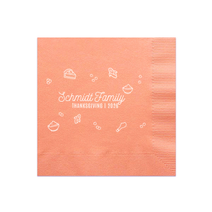 Our beautiful custom Peach Statement Cocktail Napkin with Matte White Foil has a Holiday Food Confetti graphic and is good for use in Holiday, Christmas, Thanksgiving themed parties and are a must-have for your next event—whatever the celebration!