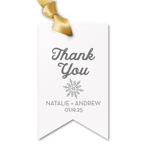 Our beautiful custom Stardream Galvanized Silver Double Point Gift Tag with Matte White Foil has a Snowflake graphic and is good for use in Winter, Holiday, or Wedding themed parties and will give your party the personalized touch every host desires.