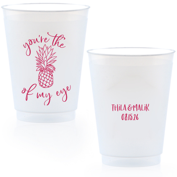 Our custom Matte Fuchsia Ink 10 oz Frost Flex Cup with Matte Fuchsia Ink Cup Ink Colors has a Pineapple Tiki graphic and is good for use in Food, Beach/Nautical themed parties and will impress guests like no other. Make this party unforgettable.