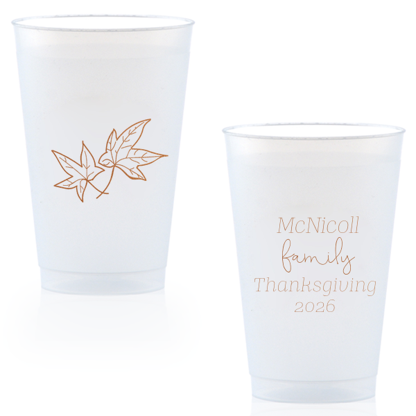 Elevate your autumn gatherings with the Thanksgiving Fall Leaves Cup! Two elegant fall leaves float gracefully, adding a touch of seasonal charm. Personalize the reverse side with four dynamic lines, each in playful fonts. Perfect for sipping and celebrating in style. Cheers to a well-scripted harvest!