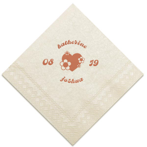 Infuse your wedding with vintage charm using the Retro Floral Heart Wedding Napkin, featuring the couple's names arched around a whimsical heart adorned with retro flowers, flanked by the wedding date. This nostalgic design adds a touch of retro romance to your celebration.