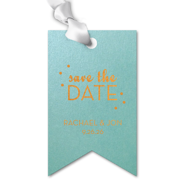 Send creative Save the Dates to announce your upcoming wedding. Tie treats, succulents, DIYs and other themed goodies with a personalized gift tag featuring your names and date in the paper and foil stamp color of your choice. 