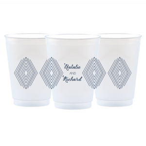 Our custom 10 oz Frost Flex Cup with Matte Navy Ink has a Linear Diamond Pattern graphic and is good for use in Geometric themed parties and will impress guests like no other. Make this party unforgettable.