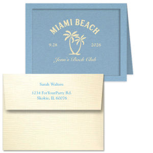 Show your gratitude with the Bachelorette Beach Party Palms Thank You Note Card, elegantly featuring the bachelorette's name in a timeless script, the event's tropical location, and date, all enclosed by serene palm tree illustrations. Customize the envelope with your address for a personal touch, ideal for expressing thanks after "The Last Splash."