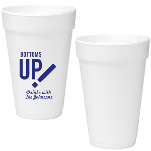 Cheers to good times with the Bottoms Up! Cup, where 'BOTTOMS UP' makes a bold statement next to an energetic exclamation mark. 'Drinks with [Hosts]' invites guests to join in the fun, cup in hand and spirits high.