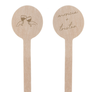 The Cheers to Love Stir Stick captures the essence of celebration with a heartwarming graphic of two hands clinking glasses on one side, and on the other, your names inscribed in a delicate, hand-painted style script. This endearing and personal touch is ideal for commemorating shared moments and elevating the toast at any couple's event. It's a charming addition to engagements, weddings, or anniversary parties.