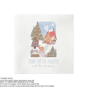 Set the mood for a festive good time with the Cozy Home For The Holidays Napkin. Featuring a cozy cottage nestled in a winter wonderland, the high quality napkins are perfect for holiday functions or familial events.