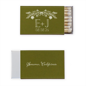 Ignite memories with the Floral Wedding Matchbox, where vintage florals crown the couple's initials and date. On the back, the event's locale is sweetly scripted, making each spark a timeless reminder of your special day.