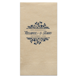 Surround your celebration's highlights with the Floral Frame Anniversary Napkin, where lush foliage bursts into a bold frame. This stunning design lends a flourish to any cherished gathering, beautifully cradling your personalized details.