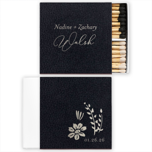 The Artistic Flair Wildflower Wedding Script Names Match elegantly merges sophistication with creativity. One side stylishly presents the couple’s first names. The design’s centerpiece is their last name in a grand script. The reverse features an elegant botanical motif with the event date, beautifully embodying their matrimonial journey.
