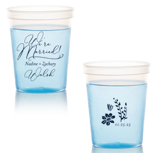 Personalized Powder Blue 16 oz Stadium Cup with Matte Navy Ink Colors has a Fancy Flourish graphic and a Garden Flower Accent graphic and is good for use in Floral and wedding themed parties and can't be beat. Showcase your style in every detail of your party's theme!