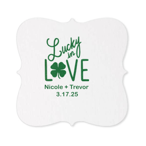 ForYourParty's chic Eggshell Square Coaster with Satin Leaf Foil has a Lucky In Love graphic and is good for use in Wedding, St Patricks Day themed parties and can be customized to complement every last detail of your party.