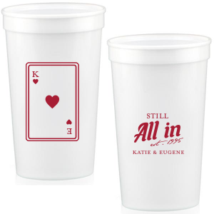 Celebrate lasting love with the Playing Card Still All In Anniversary Cup. One side adorns a hearts playing card graphic, personalized with your initials. The other side is inscribed with "Still All In," alongside the celebratory year and the couple's names, symbolizing a winning hand in marriage.