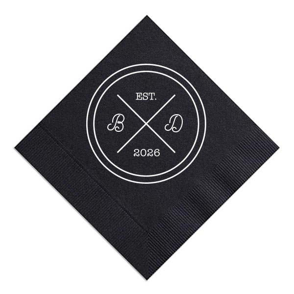 Infuse your reception with the bespoke elegance of the Circle Badge Initials Napkin, reminiscent of an exclusive club crest. 'EST.' and the wedding year anchor the design, with the couple's scripted initials nestled within the distinguished bands, crafting a personal insignia of love.
