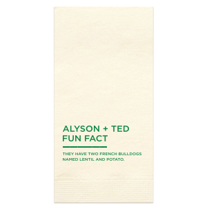 Get guests talking with the Fun Fact Conversation Starter Napkin featuring the couple's name in modern block letters followed by intriguing trivia. This crisp design invites discovery and dialogue, adding a dynamic twist to your event's atmosphere.