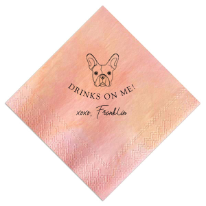 The Drinks On Me French Bulldog Napkin offers a delightful twist for pet lovers. It features an adorable French Bulldog illustration, with the playful message "DRINKS ON ME!" and "xoxo," followed by the pet's name in a charming signature font. This endearing design embodies the warmth and generosity of the pet-owner bond.