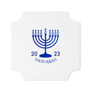 ForYourParty's personalized Silver with Black back Nouveau Coaster with Shiny Royal Blue Foil Color has a Menorah graphic and is good for use in Jewish Symbols, Holiday themed parties and are a must-have for your next event—whatever the celebration!