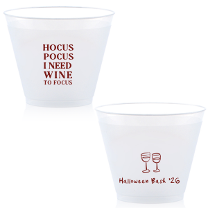 The Hocus Pocus Focus Cup is the ideal custom Halloween party accessory.  Featuring the phrase "hocus pocus I need candy to focus" and a modern and minimal graphic of wine glasses, you can personalize with your name, and the year. This chic Halloween accessory will be a hit at your autumnal events. 
