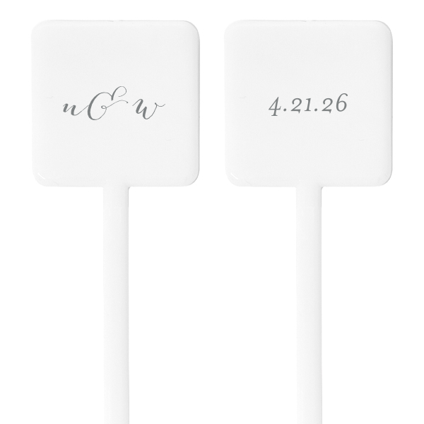 Stir up elegance with the Calligraphy Initials Stirrer, featuring a couple's initials in refined calligraphy, joined by a swirling ampersand. The flip side's date adds a bespoke twist, elevating cocktails with a dash of personalized panache.