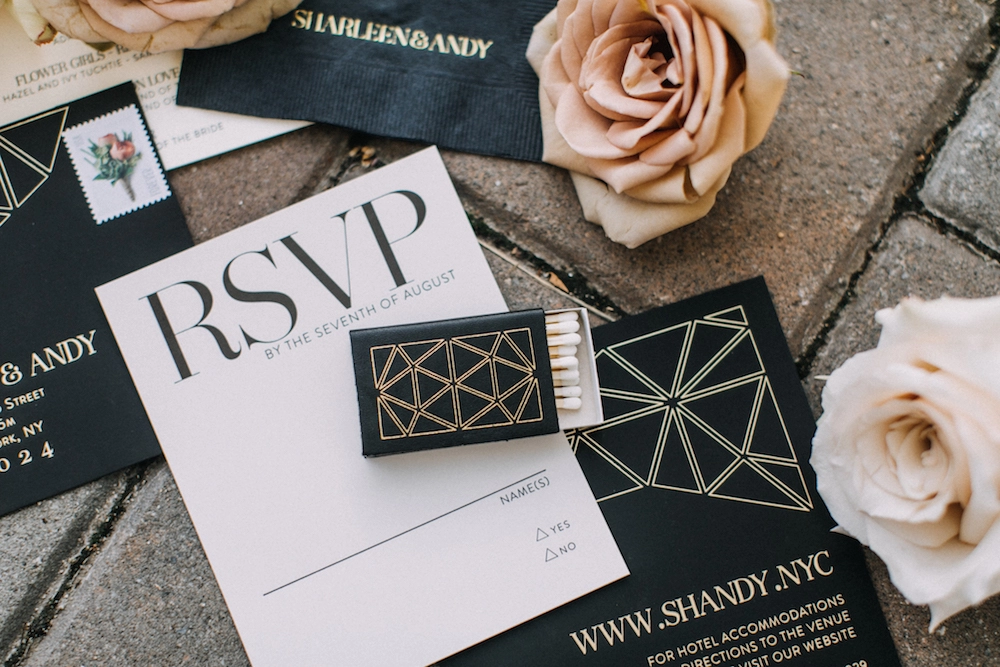 modern black tie wedding with personalized matches and personalized cocktail napkins