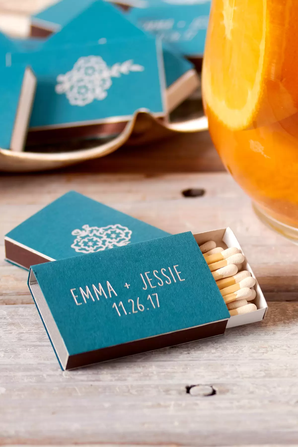 custom matches in teal for fall personalized wedding favors