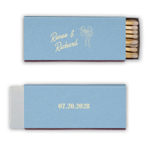 Celebrate your union with the Nuptial Grace Bow Matchbook, personalized with the couple's name in a modern script. The beautifully flowing bow graphic adds an element of elegance and movement, perfect for your sophisticated wedding day.
