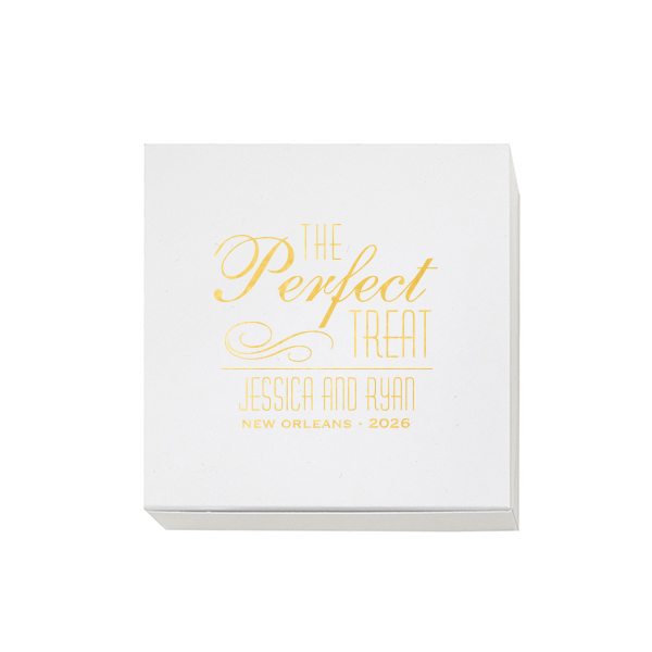 Custom Shiny 18 Kt Gold Cake Box with Shiny 18 Kt Gold Foil has a Flourish graphic and can be customized to complement every last detail of your party.