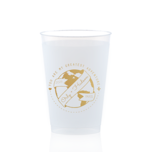 The ever-popular Gold Ink 10 oz Frost Flex Cup with Gold Ink Cup Ink Colors has a World Badge graphic and is good for use in Wedding, Baby Shower, Travel themed parties and will impress guests like no other. Make this party unforgettable.