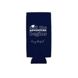 Celebrate the grad with And The Adventure Begins Can Cooler. This custom party favor can be personalized with the graduate's name in an elegant script font. This can cooler is perfect for graduation parties.