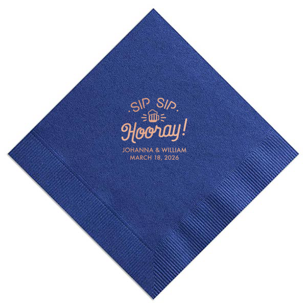 Raise the Sip Sip Hooray Napkin and let the good times pour! A jubilant mug with effervescent rays captures the celebratory cheer, perfectly paired with the couple's names and event date for a toast to remember.