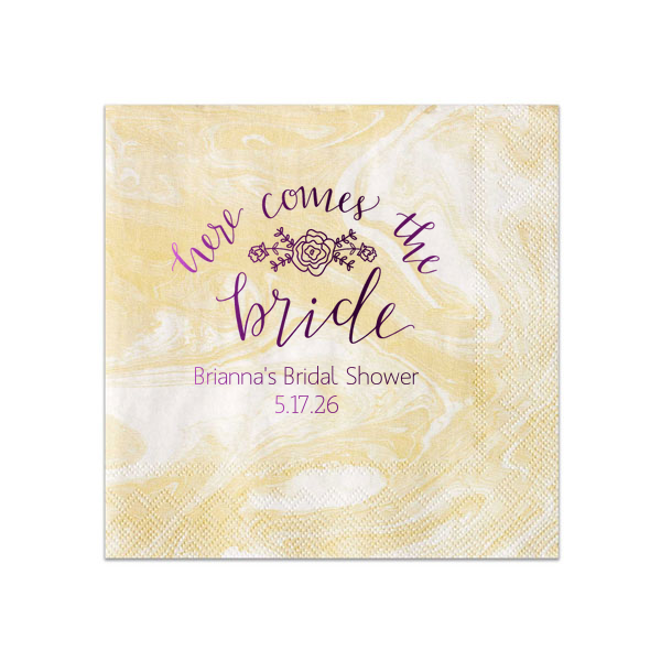 ForYourParty's personalized Marble Sand Cocktail Napkin with Shiny Amethyst Foil Color has a Here Comes the Bride 3 graphic and is good for use in Words themed parties and can't be beat. Showcase your style in every detail of your party's theme!