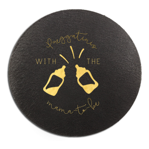 The ever-popular Black with Silver back Hexagon Coaster with Shiny 18 Kt Gold Foil Color has a Baby Bottles graphic and is good for use in Baby Shower themed parties and will add that special attention to detail that cannot be overlooked.
