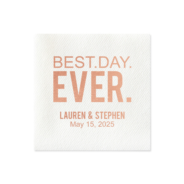 Have the best party details ever with this personalized napkin. The bold font, Rose Gold foil and Light Navy napkin work together for a stylish look. Keep these colors or change to match your theme. Add your names and wedding date for a bar addition you and your guests will love!