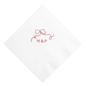 Embrace the essence of your wedding day with the Loopy Love Bow Napkin, customized with the couple's initials and adorned with a unique loopy bow graphic. A playful yet elegant touch for your matrimonial celebration.