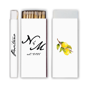 Give your guests a memorable wedding favor with this matchbox! Featuring a watercolor lemon graphic, this custom matchbox can be personalized with the date and location of your wedding. 