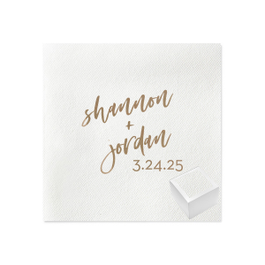 The names of your loved ones written in a script font with a special date branded on this napkin would be a beautiful decoration on someone's special day. Surprise them!