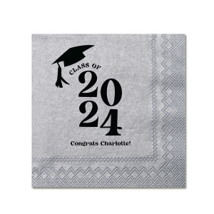 Commemorate the culmination of hard work with the Bold Year Graduate Cap Napkin, personalized with the graduate's name and the year set in a bold font, alongside a distinguished graduation cap graphic. A proud addition to any graduation party's decor.