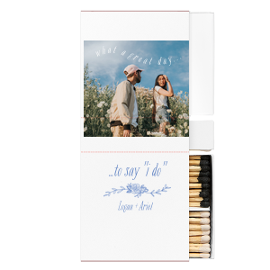 ForYourParty's chic White Square Custom Photo Matchbox with Matte White Ink Digital Print Colors and Matte Periwinkle Ink Digital Print Colors has a Peony Flourish 2 graphic and is good for use in Floral themed parties and will give your party the personalized touch every host desires.