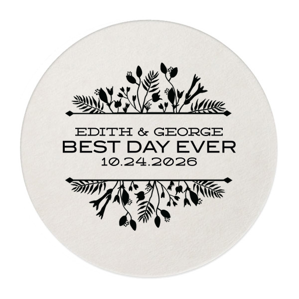 Create an instant party favorite with custom coasters! Personalize this Floral Frame design with your names and theme color for a cute and memorable touch to your wedding bar that guests can also take home as personalized party favors.