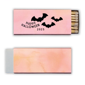 Light up the spooky season with the Bat Halloween Matchbox. Swooping bats announce "Happy Halloween," setting a delightfully eerie tone. Below, add your own hauntingly personal touch. It's the perfect spark for a night full of thrills and chills!
