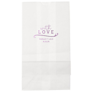 Gift with heart using the Whimsical With Love Bag, where 'with' dances in playful script above a bold 'LOVE.' A delicate flourish adds grace, and the couple's names with the event date bring a personal touch to this charming token of affection.