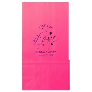 Fill the A Taste of Love Bag with delights as sweet as the sentiment it carries. 'Love' bursts forth, surrounded by joyful hearts, while the couple's names and date below savor the flavor of a heartfelt celebration.
