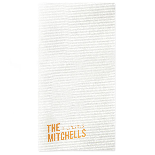 This minimal napkin is perfect for a wedding or entertaining at home. Include your family event and date.