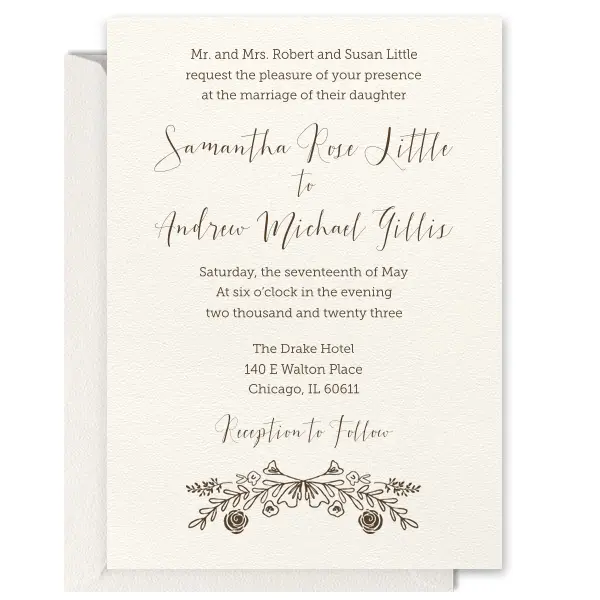ForYourParty's personalized Lettra Pearl White 110lb Invitation with Black Ink Letterpress Inks has a Rose Laurel graphic and is good for use in Wedding, Floral themed parties and can be customized to complement every last detail of your party.