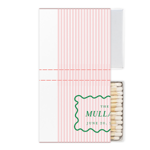 Create a sweet memento with the Candy Stripe Full Color Matchbox! This design evokes the joy of candy shops, beach strolls and boardwalk games. The full color matchbox is customizable in your choice of colors alongside customizable text to fully personalize your unique design. Perfect for weddings, engagements or home entertainment!